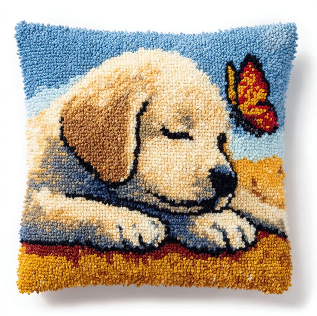 AxiangziK Creative Latch Hook Pillow Kit,Golden Retriever and Butterfly