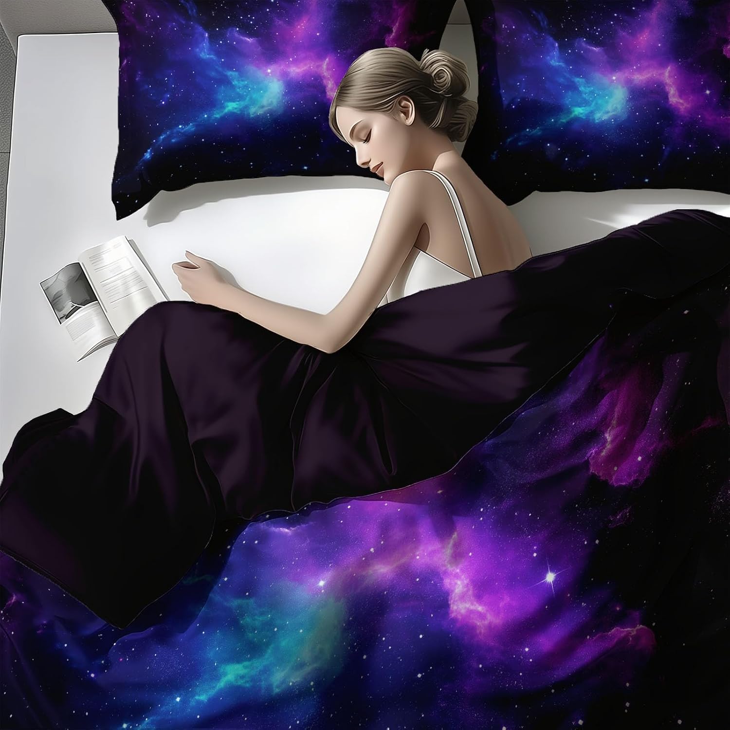 Duvet Cover 3 Pcs Set Galaxy Nebula and Stars Pattern Duvet Covers for Kids Boys Girls Queen Decorative Breathable Bed Cover Dark Purple Reversible Bedding Set