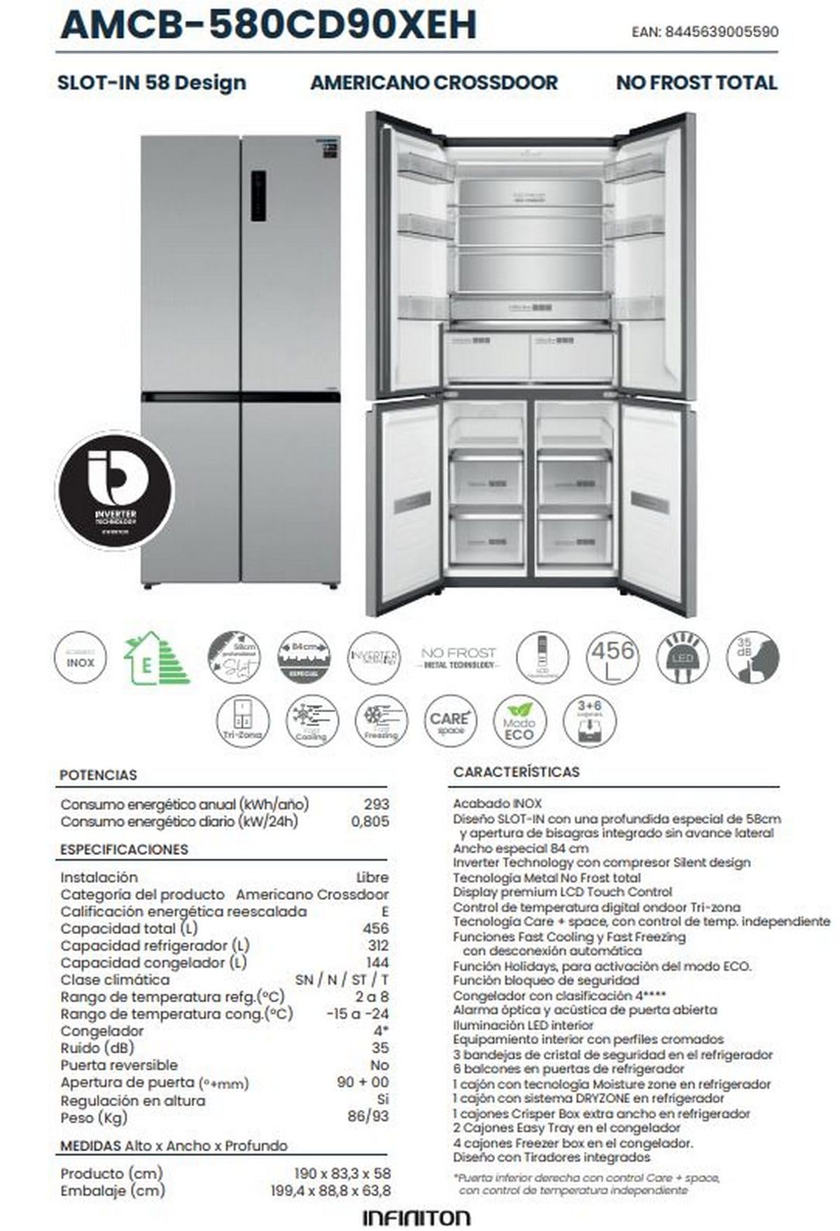 Frigorifico Americano INFINITON AMCB-580CD90XEH, 190 cm de Altura, Total No Frost, 4 Puertas, Inverter, Ancho 83 cm, E, Inox