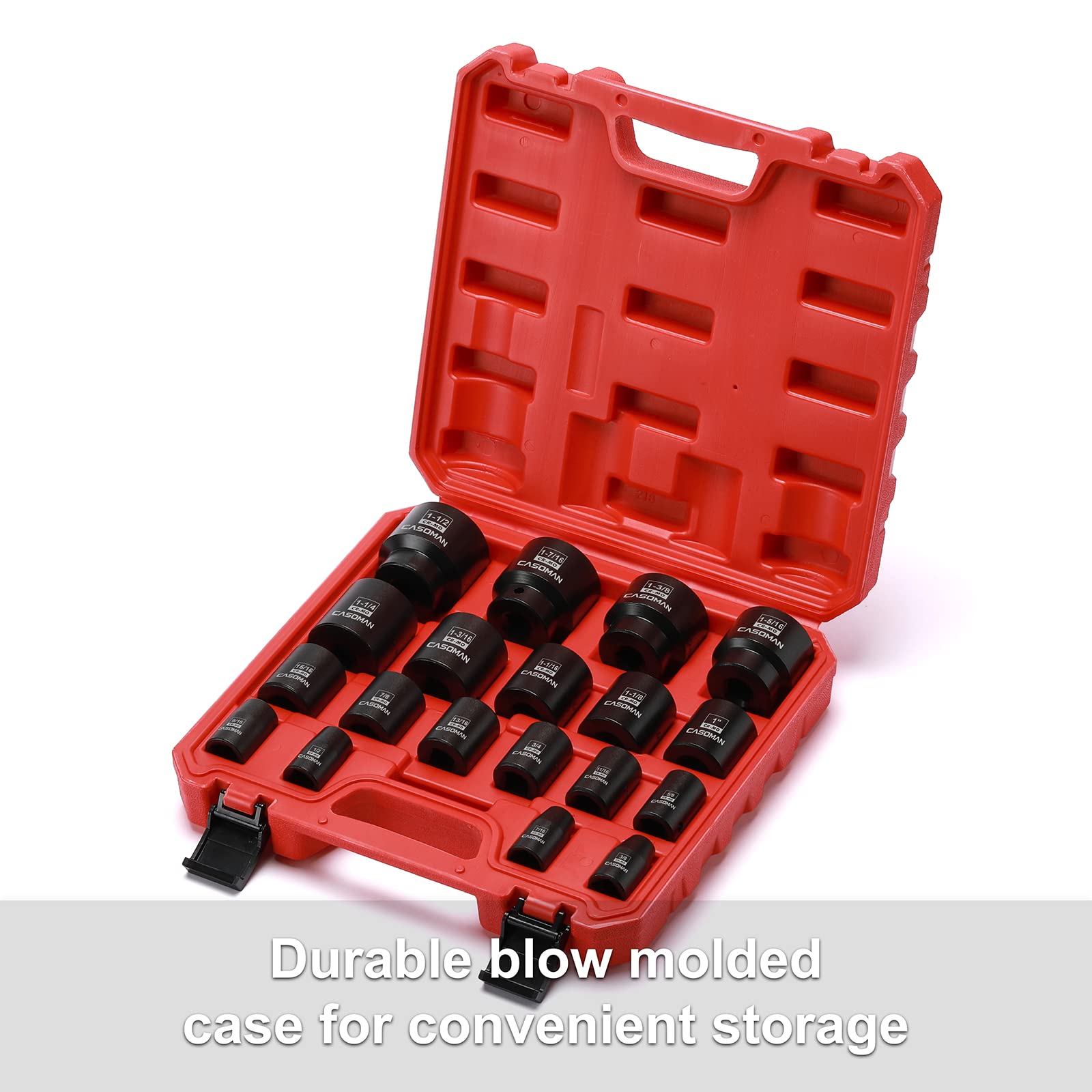CASOMAN 19-częściowy standardowy zestaw nasadek udarowych 1/2", SAE, płytkie, 3/8" do 1-1/2", stal stopowa Cr-Mo, konstrukcja narożnika promienia, klasa udarności