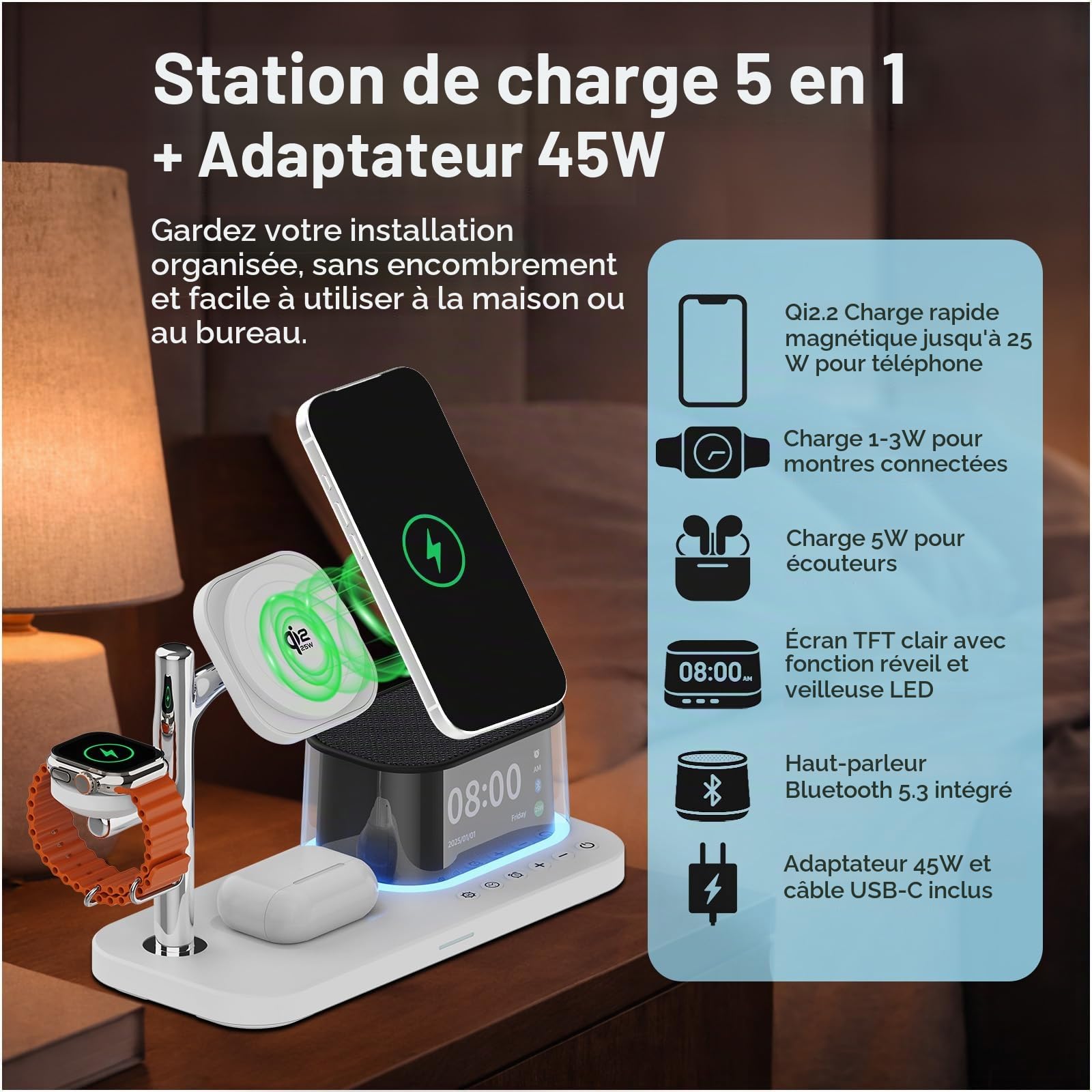 Chargeur sans Fil 5-en-1 avec Réveil, Haut-Parleur Bluetooth & Veilleuse LED pour MagSafe par MMOBIEL – Station de Charge sans Fil Qi2.2 25W pour iPhone, Apple Watch & AirPods – Blanc