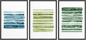 IDEA4WALL Framed Wall Art Print Set Teal & Green Watercolor Line Art Geometric Shapes Illustrations Modern Art Minimalist Scenic for Living Room, Bedroom, Office - 24"x36"x3 Black