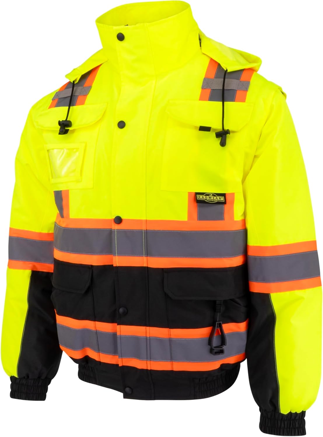 Radians SJ511B Unisex Class 3 High Visibility Hooded Convertible Bomber Jacket with Removable Sleeves, Green/Black, Size 4X