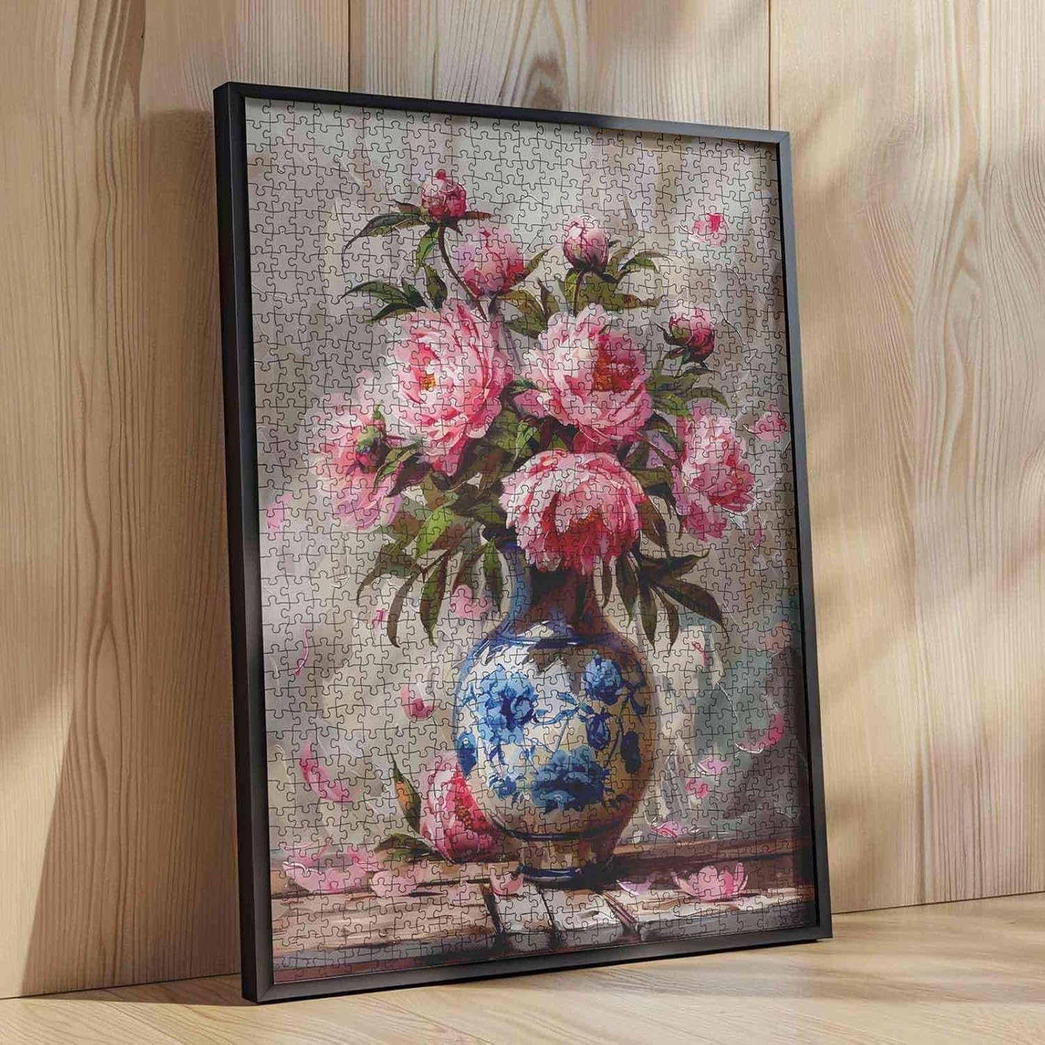 Celadon Oil Bouquet Flower Puzzles for Adults 1000 Pieces,Colorful Flower Puzzle,Fine Art Jigsaw Puzzles Pink Peony Chinese Style Vase Painting,Floral Hard Challenging Classical Painting Puzzles