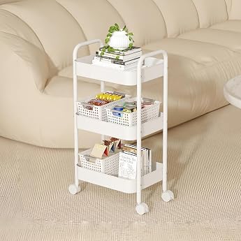 Kitchen Wagon, Storage Rack with Casters, Slim Wagon, 3 Tiers, All Steel Construction, Rustproof, Plastic Bottle Rack, Small Gap Storage, Kitchen Storage, Condiment Shelf, White