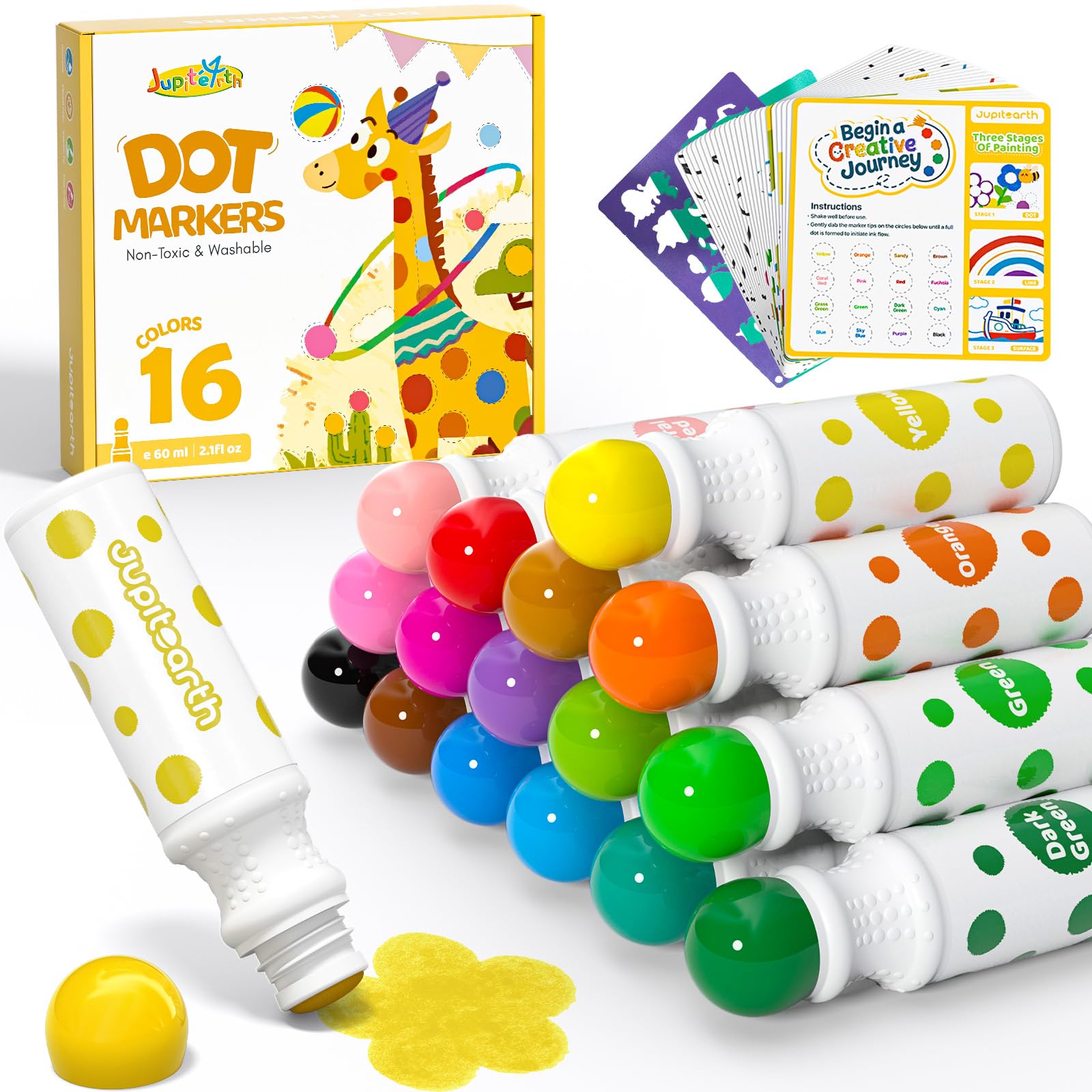 JUPITEARTH Bingo Markers,16 Farben Auswaschbar Dot Marker für Kinder(60ml) Stempel mit 120 PDF,12 bedruckten Aktivitätsblättern,Bingo stift für Kinder-Kunstaktivitäten