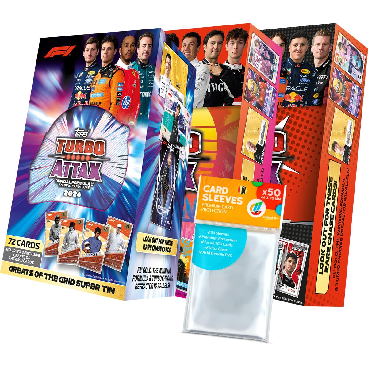 Bundle mit Turbo Attax Formel 1 2026-2 Verschiedene Mega Tins + 1 Super Tin + Exklusive Collect-it Hüllen