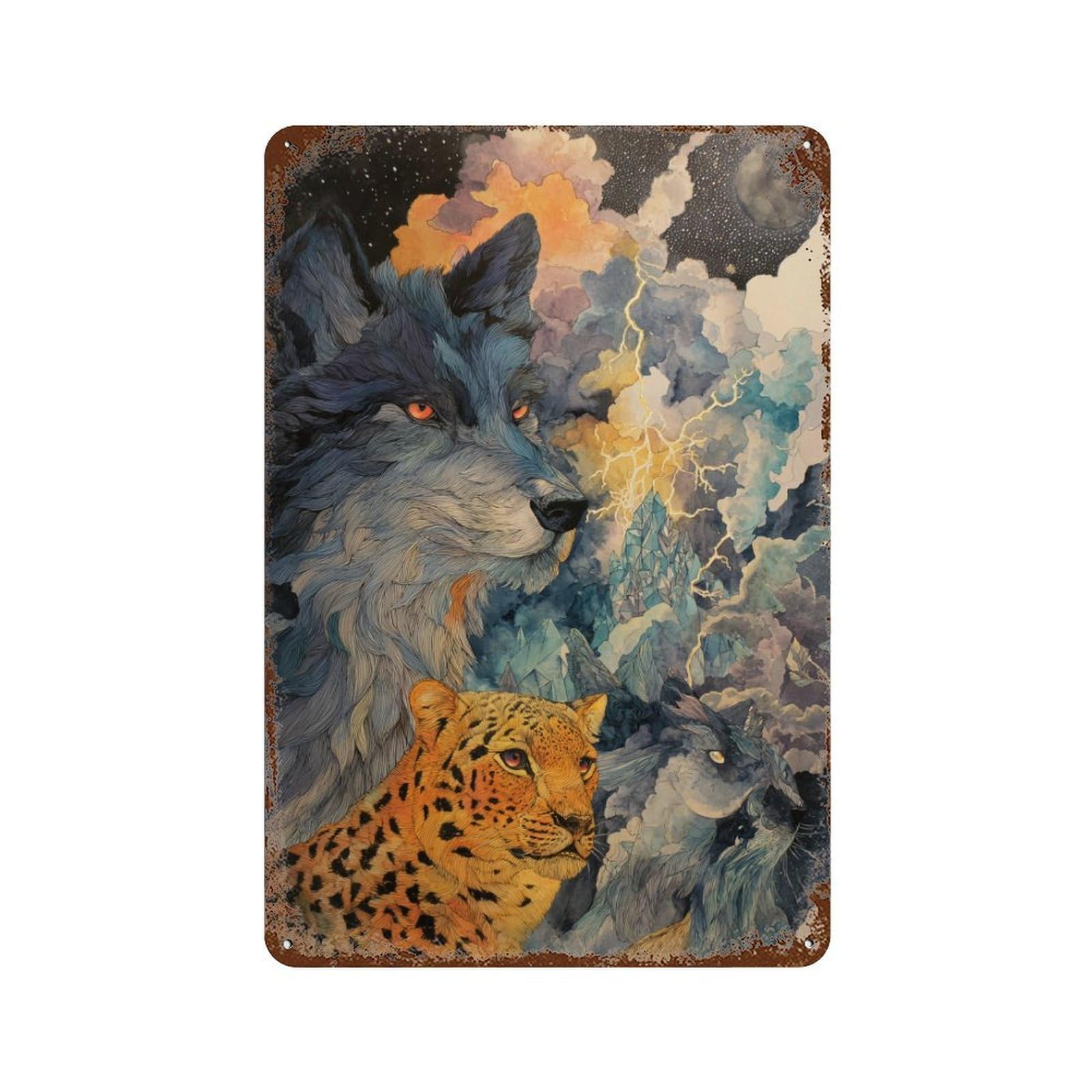 Wild Spirit Wolf, Leopard, And Moonlit Sky Distressed Metal Wall Sign 11.8"x7.9", for Basement, Hobby Room And Garage Decor, Shabby Chic Decor