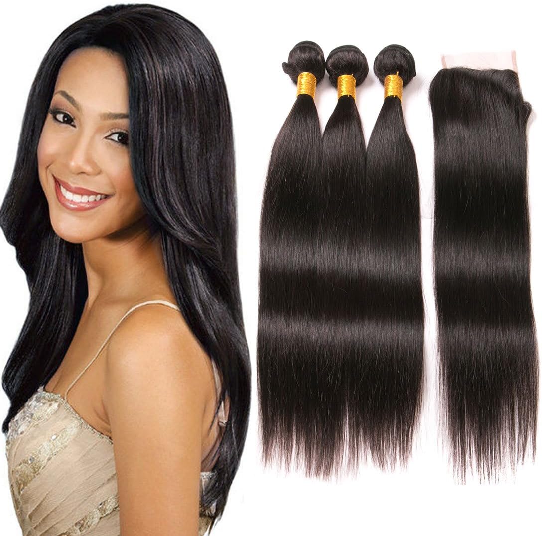 Lace Closure With Bundles Brazilian Straight Bundle 3 Pcs Human Hair Weave And 4X4 Free Part With Baby Hair On Sale Natural Black Wholesale Bundles Human Hair Extension 1B 12 14 16 + 10 Inch