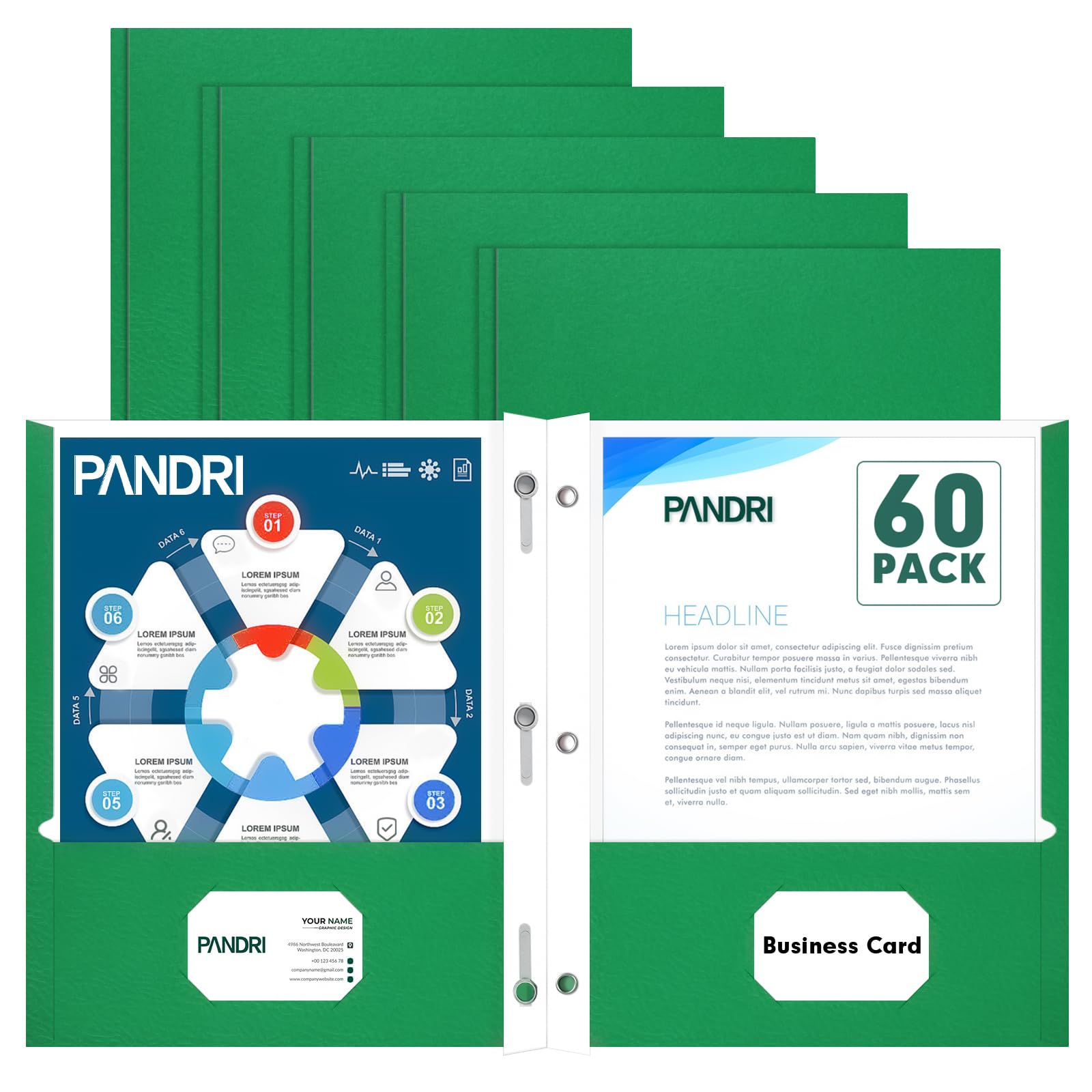 Two Pocket Folders, PANDRI 60 Pack Two Pocket Folders with Prongs, 3 Prong Folders Designed for Office and Classroom, Letter Size Green