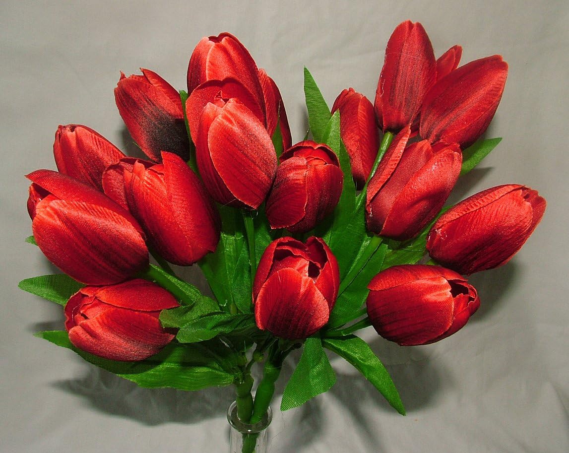 Artificial Silk Red Tulip Bush with Leaves 18