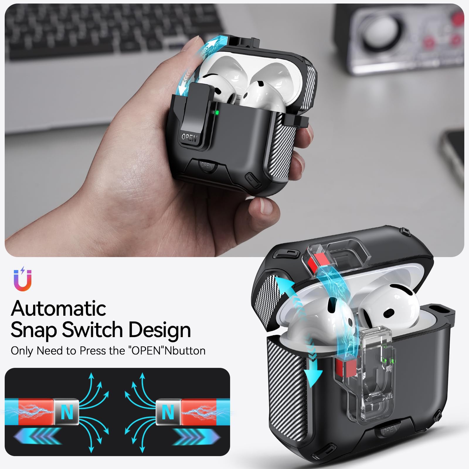 Compatibile con Custodia AirPods 4 con supporto per telefono, Cover in design fibra di carbonio per AirPods 4 versione ANC con chiusura automatica a scatto e pennello per pulizia (Nero) | Autopop - Supporto magnetico posteriore in fibra di carbonio, con p