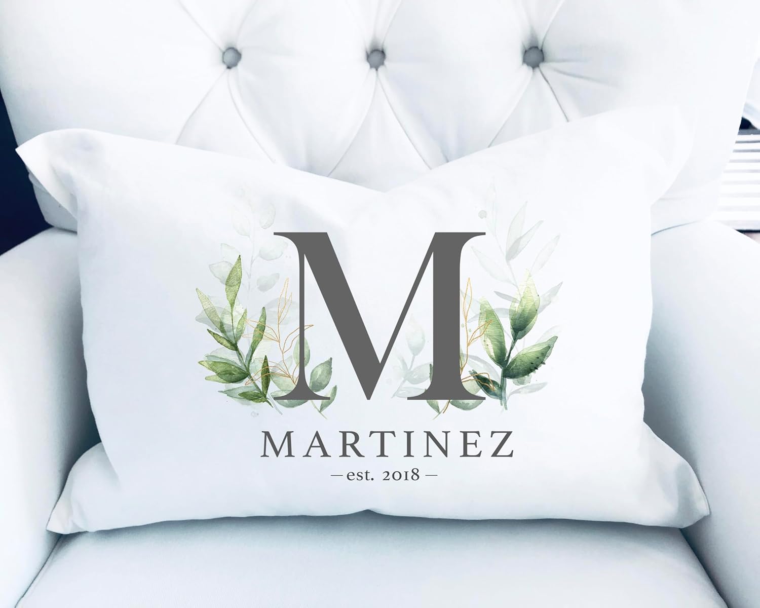 WESTBROOK DESIGN STUDIO Family Initial Throw Pillow. 20x14 Lumbar Personalized Cover & Insert w/Last Name, Est. Year - Gray on White