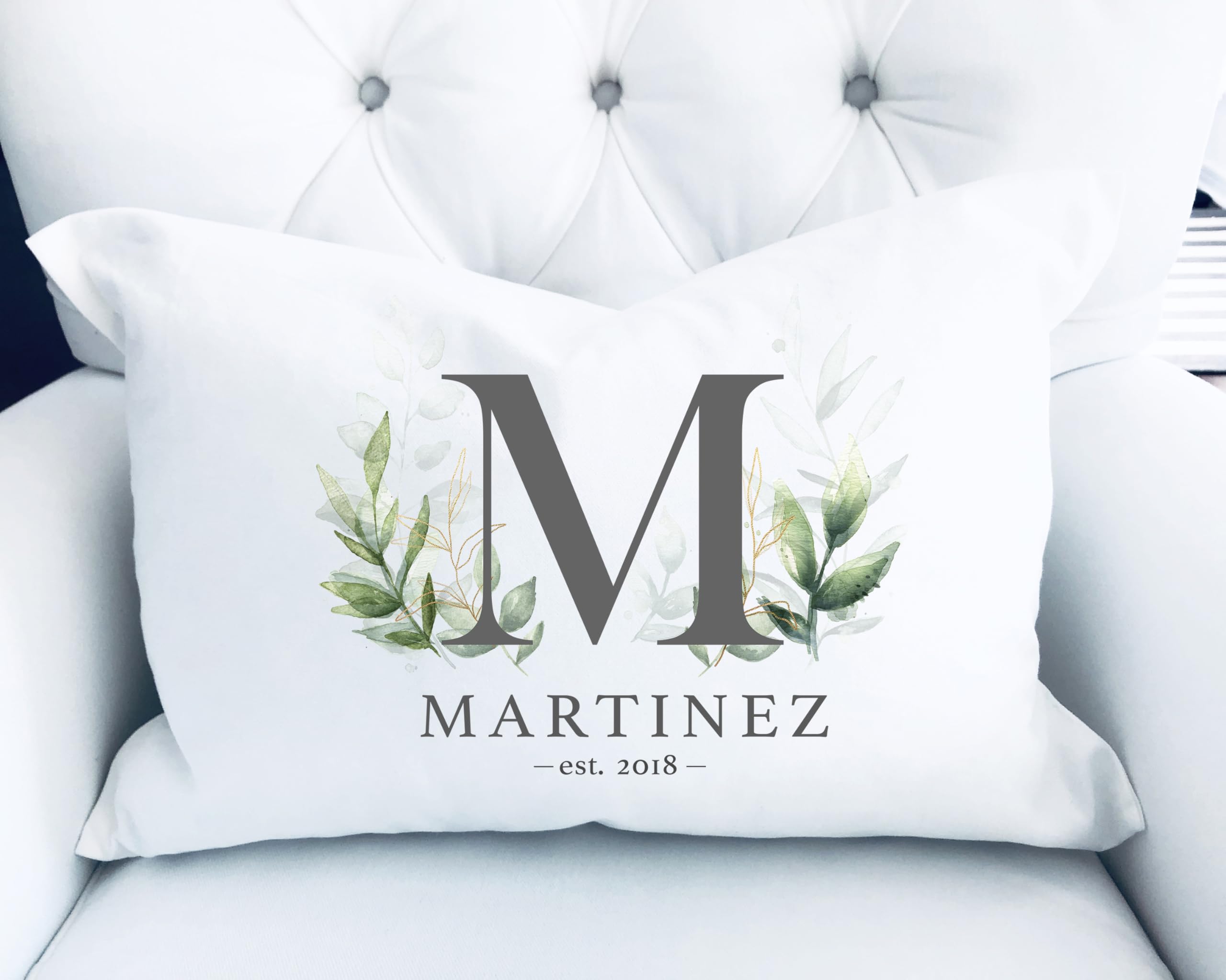 WESTBROOK DESIGN STUDIO Family Initial Throw Pillow. 20x14 Lumbar Personalized Cover & Insert w/Last Name, Est. Year - Gray on White