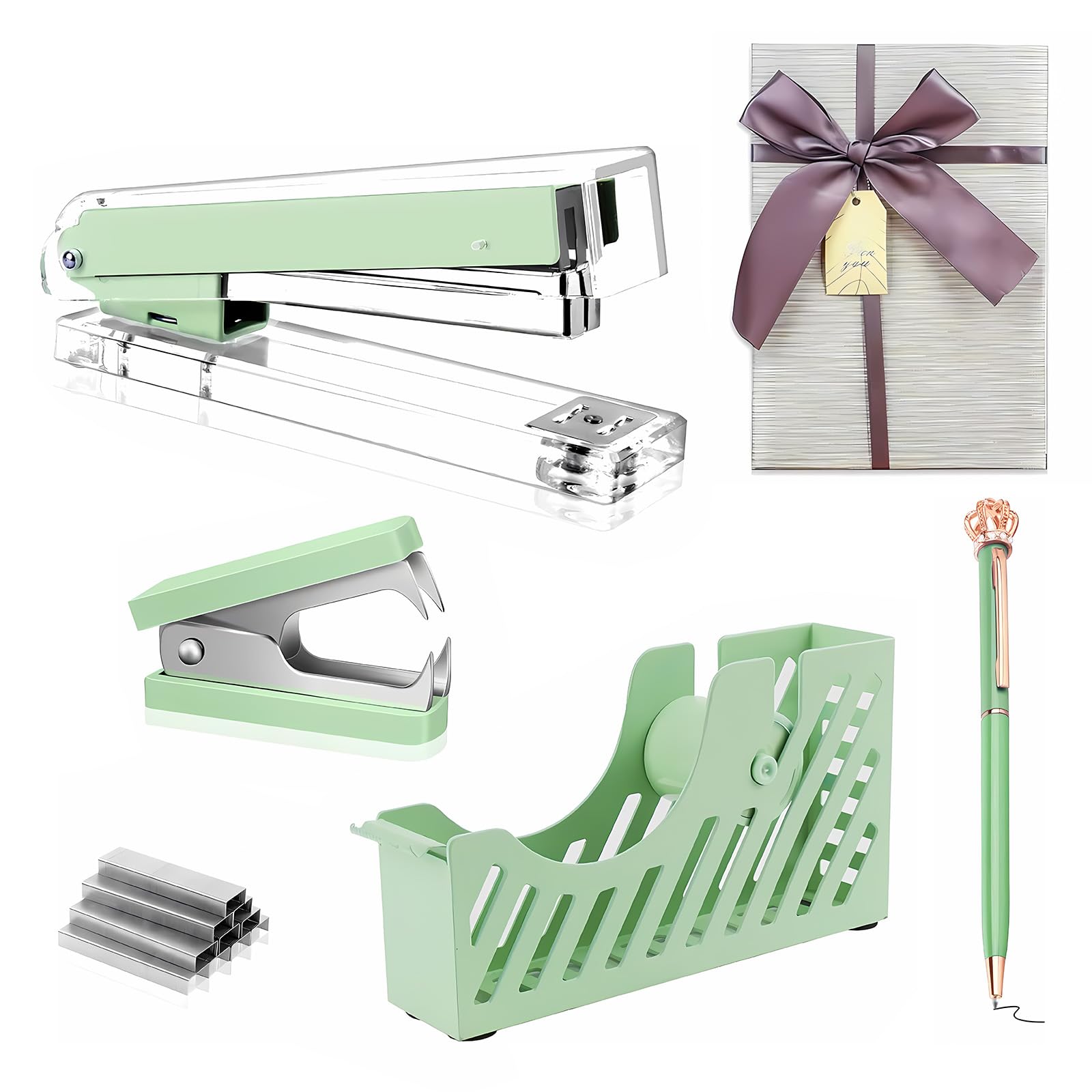 Creechwa Green Desk Accessory Kit, Acrylic Stapler Set, Office Supplies Set for Women and Student, with Tape Dispenser, Staple Remover, Ballpoint Pen,
