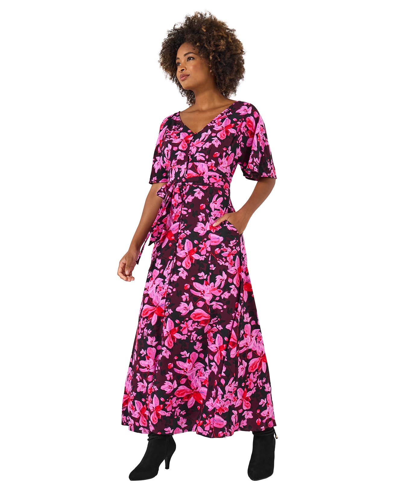 Joe Browns Women's Print Floral Wide Sleeve Button-Through Maxi Dress, Petite, Pink, UK 10