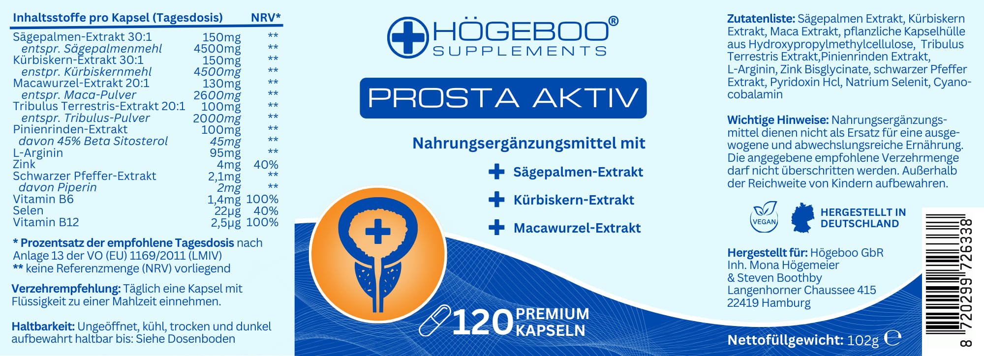 Prosta Aktiv Kapseln - Sägepalmen-Extrakt Kürbiskern-Extrakt und Maca-Extrakt als Prosta Komplex - 11 abgestimmte Inhaltsstoffe - Prosta Kapseln hochdosiert & vegan - 4 Monatsvorrat