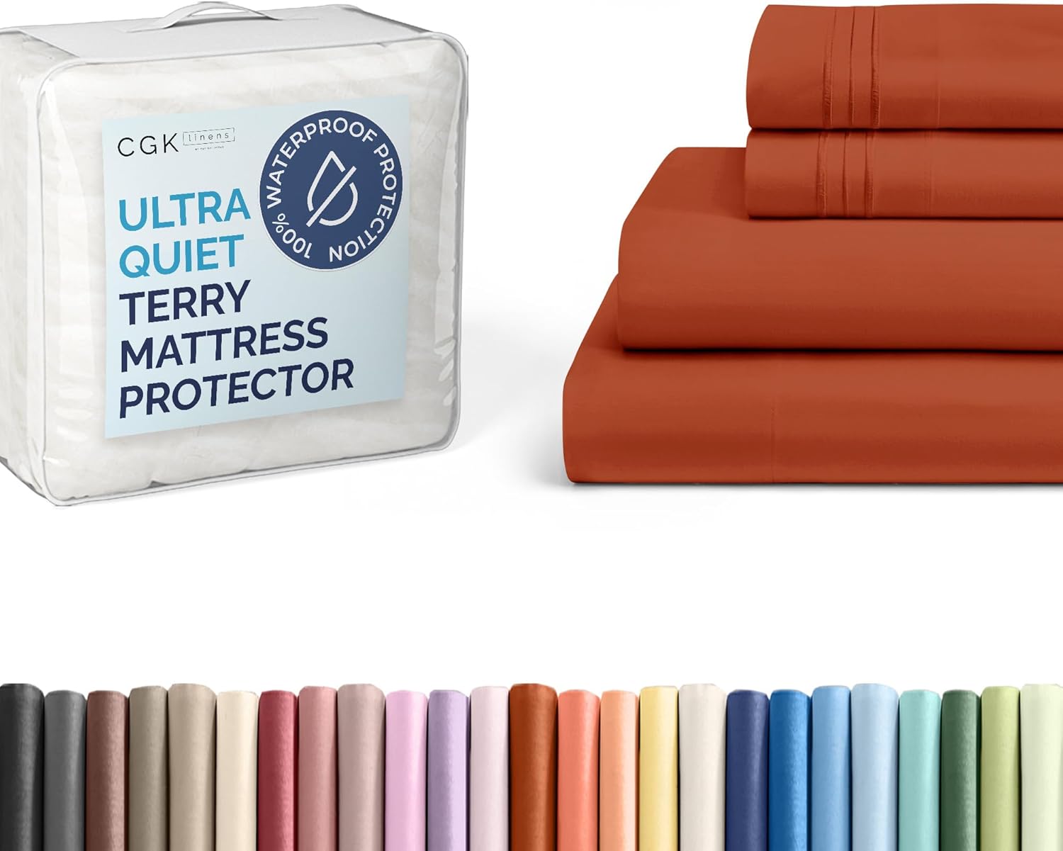 Cal King Size 4 Piece Terracotta Sheet Set + Cal King Size Terry Mattress Protector