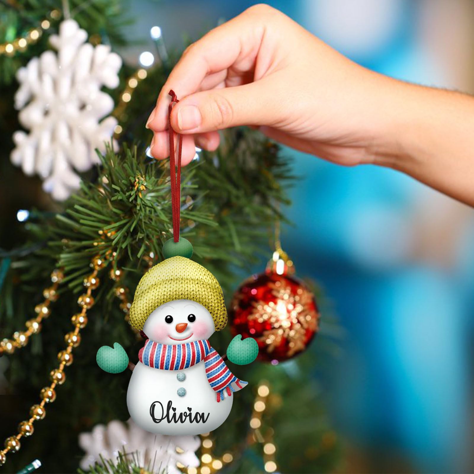 Ornamenti Di Natale Personalizzati Con Pupazzo Di Neve - 7 Pezzi In Legno, Decorazioni Albero Con Nome Famiglia