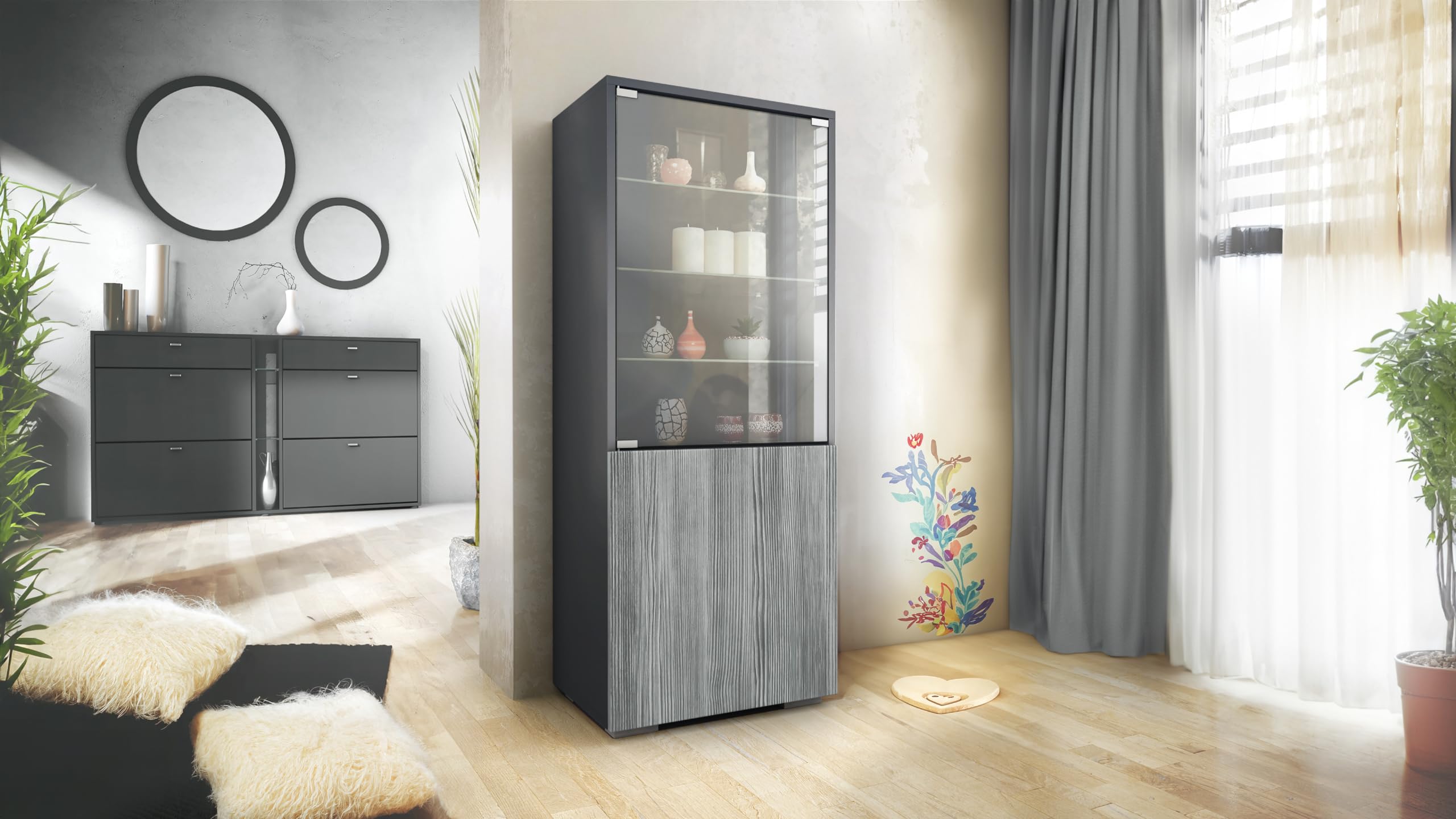 Vladon Vitrina Granada, Armario Vitrina Made in Germany con Puerta de Cristal e Inserto de Cristal, Antracita Mate/avola Antracita (50 x 122,5 x 34,5 cm)