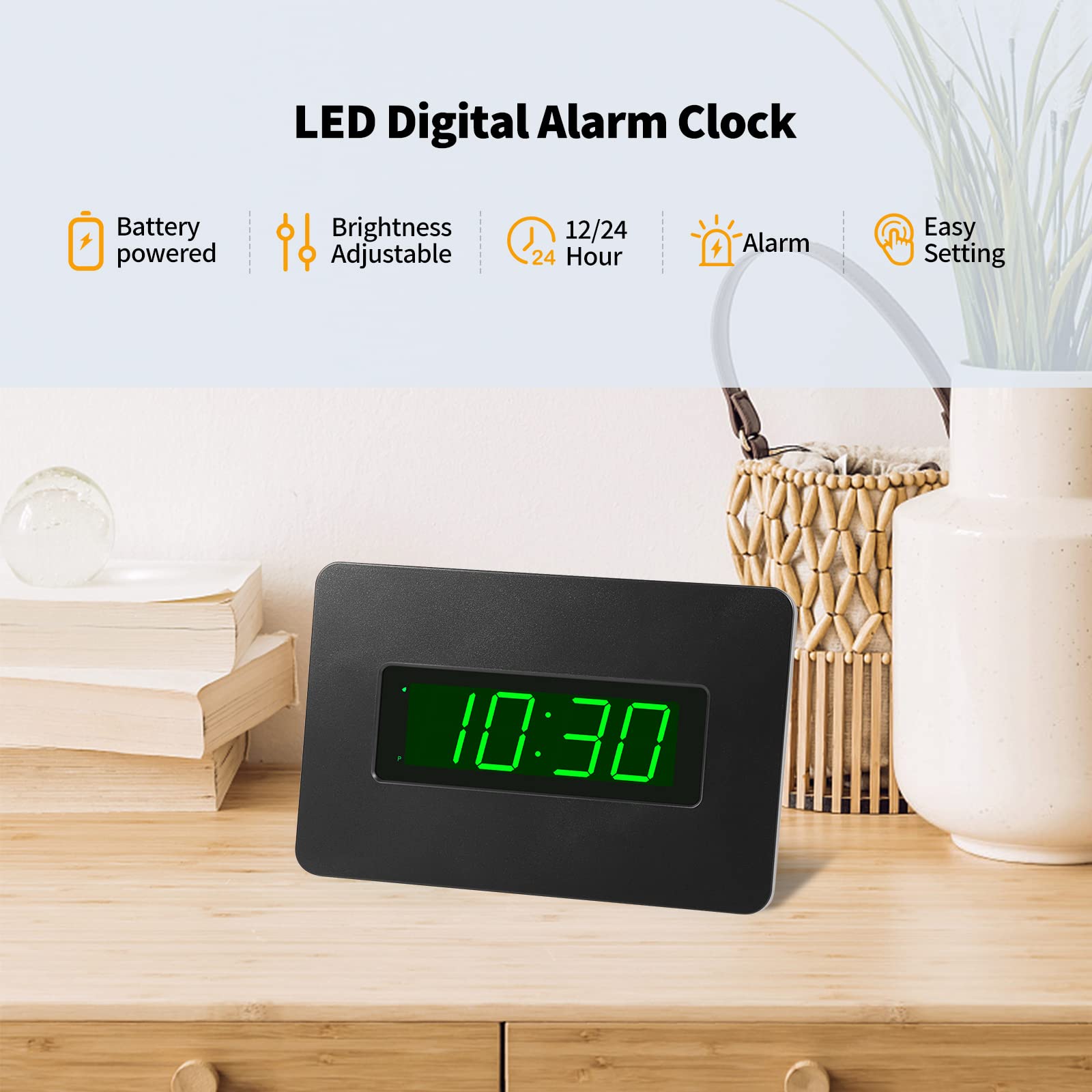 Horloge murale numérique à piles avec écran LED, rétroéclairage, support de table, alarme, luminosité réglable, 12/24 heures
