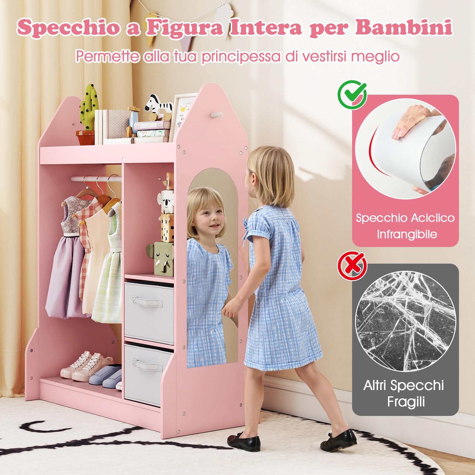 COSTWAY Guardaroba per Bambini, Armadio Gioco con Specchio Appendiabiti, Cassette in Tessuto Pieghevoli, Organizer per Stanza e Camera da Letto, 81 x 38 x 107 cm (Rosa)