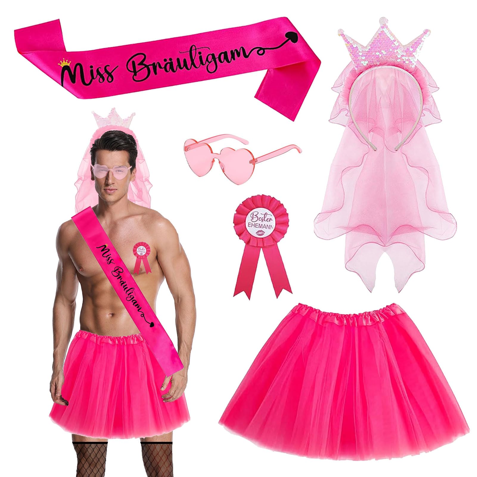Juego de disfraz de JGA para hombre, disfraz de despedida de soltero, 5 piezas, traje JGA para hombre, con tutú para hombre, faja de Miss novio, gafas de sol de corazón, mejor insignia de marido, velo