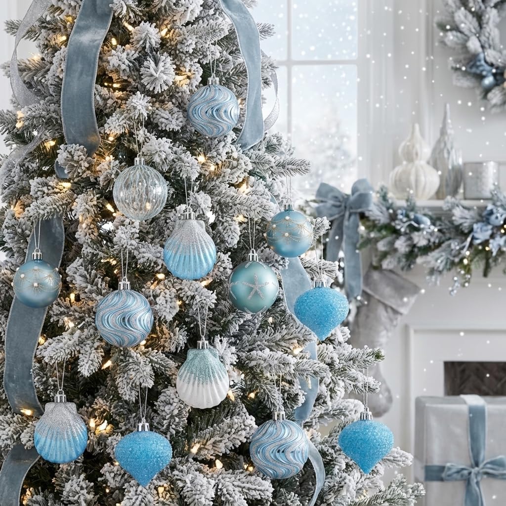 Valery Madelyn Christmas Tree Ornaments Set, 16ct Light Blue and Silver Shatterproof Christmas Decorations Balls Bulk, 2.36 Inches Summer Beach Coastal Ocean Nautical Marine Hanging Xmas Holiday Decor