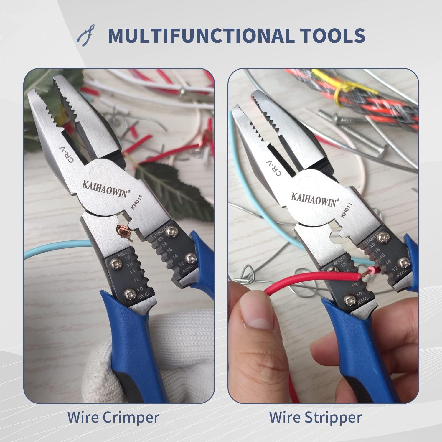 Linesman Pliers-KAIHAOWIN 8" High Leverage Side Cutters-Heavy Duty chromium vanadium steel Combination Pliers-Cut ACSR/Nails/Screws-Multitools for Hard Wire Cutter Stripper Crimper Professional Pliers - - 