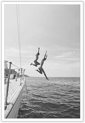 Miniatura 1 de ZHIXQMG Póster retro moderno de los años 80 en blanco y negro, lienzo de playa en blanco y negro, arte de pared, verano, océano, vela, barco, yate,