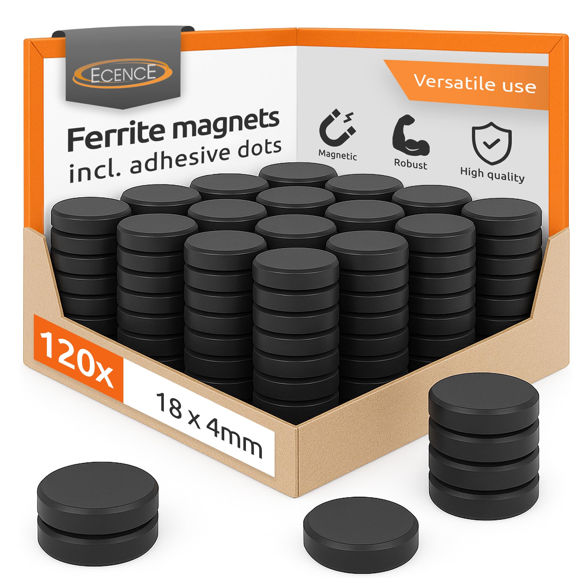 Ecence Black Fridge Magnets - Ferrite Magnets For Whiteboard And Notice Board - 120 Pieces 18X4mm - Strong Hold - Incl. Adhesive Dots