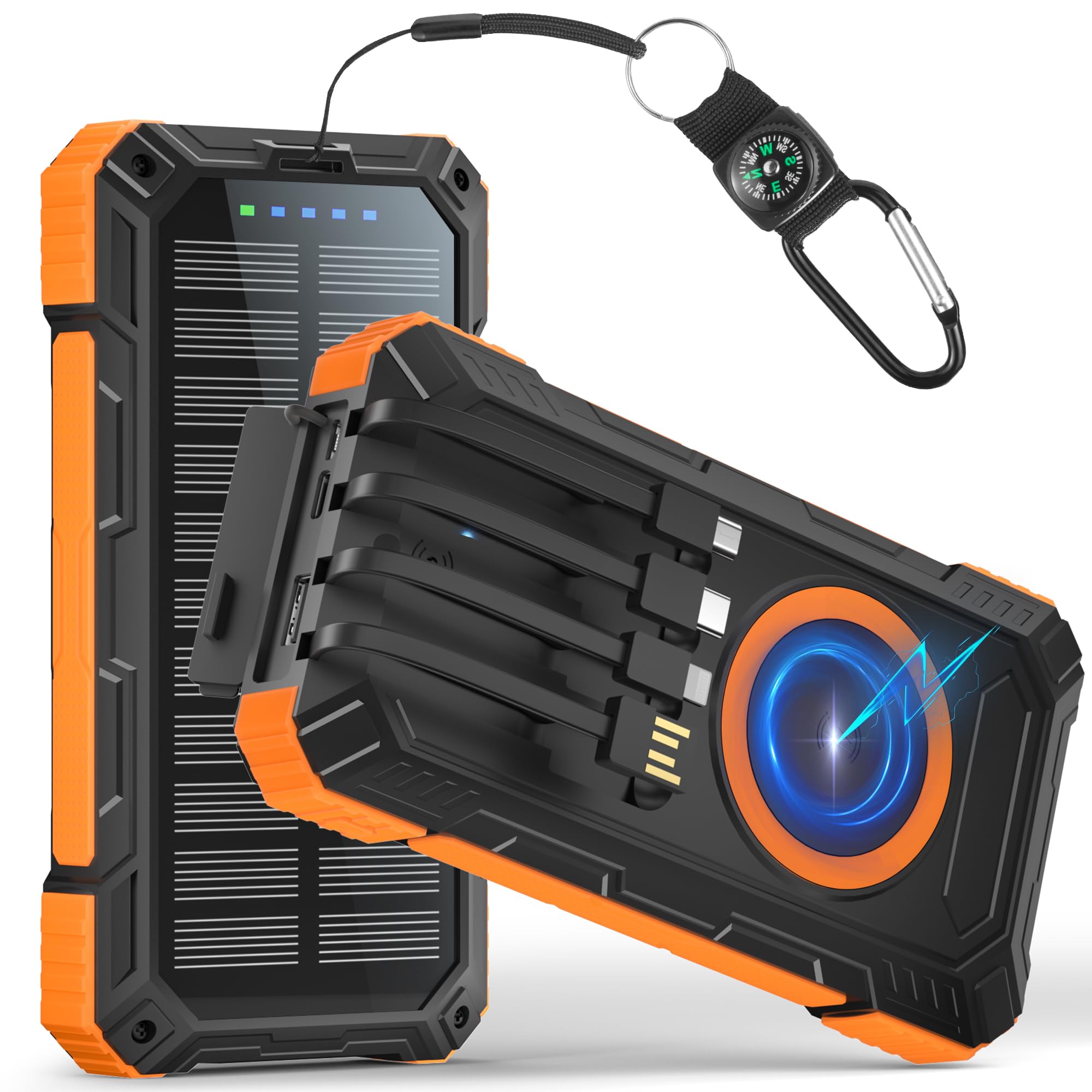 56800mAh Power Bank: Solare Wireless Power Bank 30W Ricarica Rapida, Caricatore Portatile Con 4 Cavi Integrati, 6 Uscite, Torcia, Powerbank per Campeggio, Cellulare, Tablet (Orange)