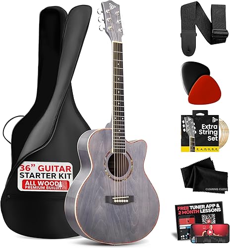 Pyle Kit de guitarra acústica, 3/4 tamaño junior, instrumento de cuerda de acero de madera para principiantes, adultos, 36 pulgadas, gris oscuro mate