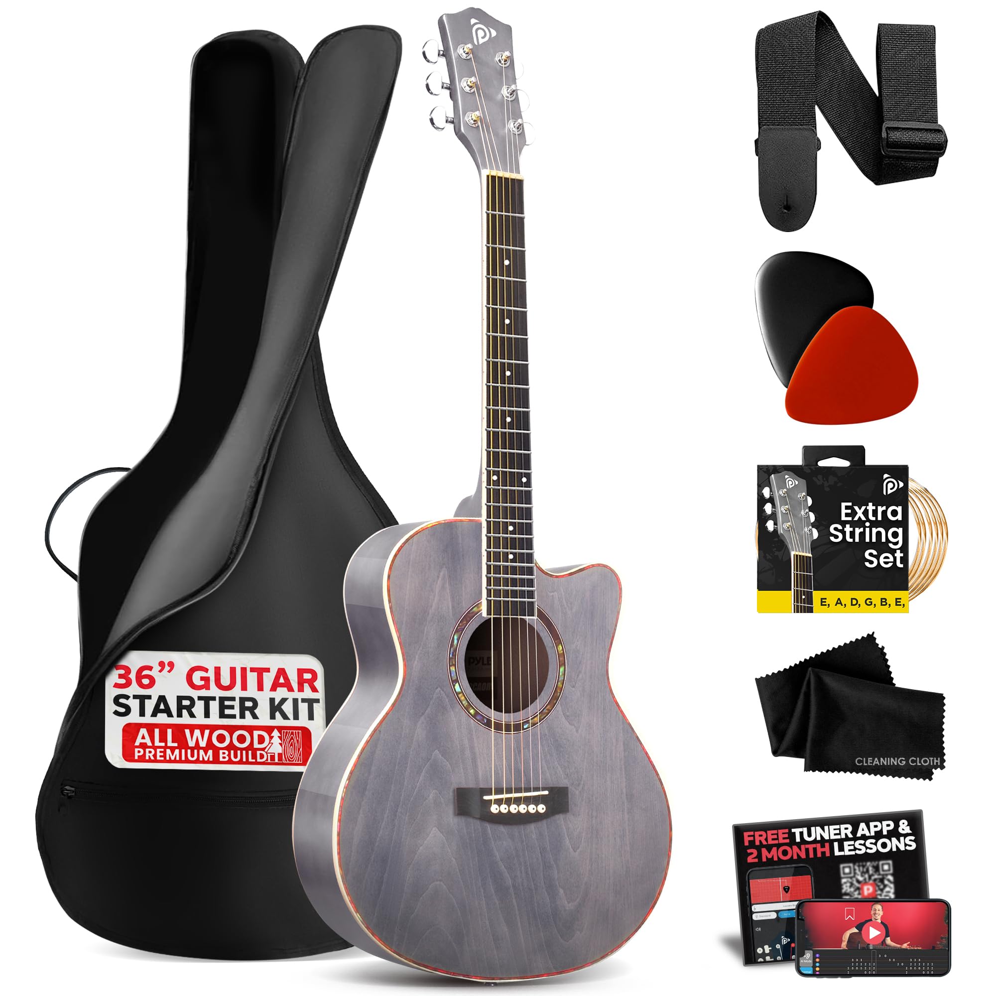 Pyle 36" Cutaway Acoustic Guitar-3/4 Size Linden Wood Matte Gray Finish Guitar, 6 Steel Strings w/Gig Bag, Tuner, Extra Strings, Picks, Strap- Junior Size for Beginners, Adults, Kids- Right Handed