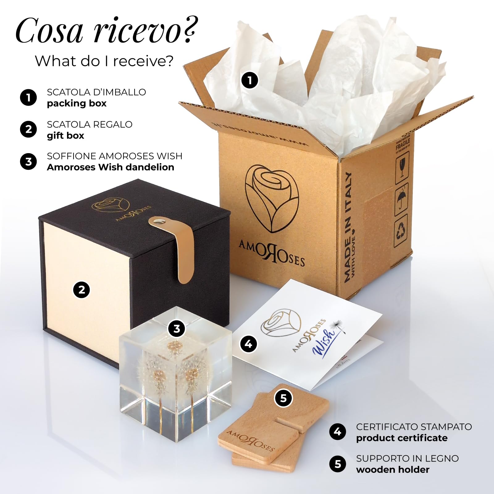 Amoroses WISH - Dente di Leone vero, conservato in cubo di resina trasparente - Fiore Soffione in confezione elegante - Idea Regalo Originale, oggetto decorativo - Esprimi un desiderio
