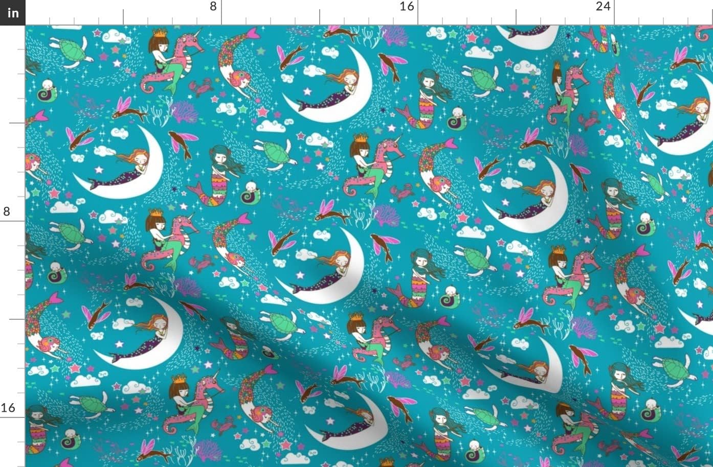 Spoonflower Fabric - Mermaid Lullaby Teal Small Ocean Girl Moon Seahorse Printed on Organic Cotton Sateen Fabric by The Yard - Sewing Quilting Apparel Home Decor