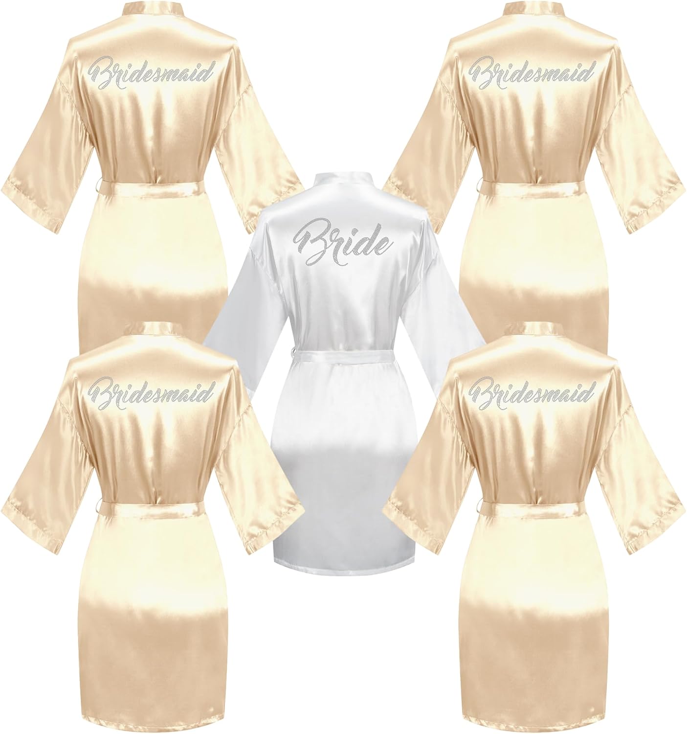caringgarden 5 Pcs Women's Satin Kimono Robes Bride Bridesmaid Robe with Rhinestones Short Silky Bathrobes Wedding Party