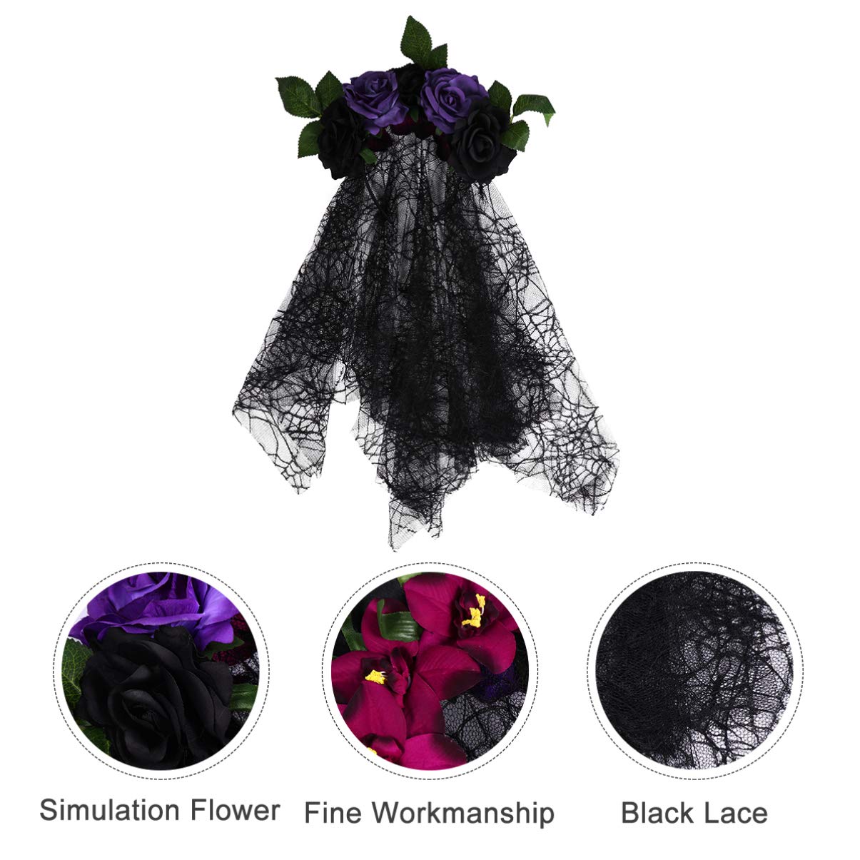 Bridal Veil Halloween Veil Headband Rose Flower Headband Halloween Spider Web Headpiece Floral Day of the Dead Headpiece Party Favor (Black) Makeup Hairband - Image 2