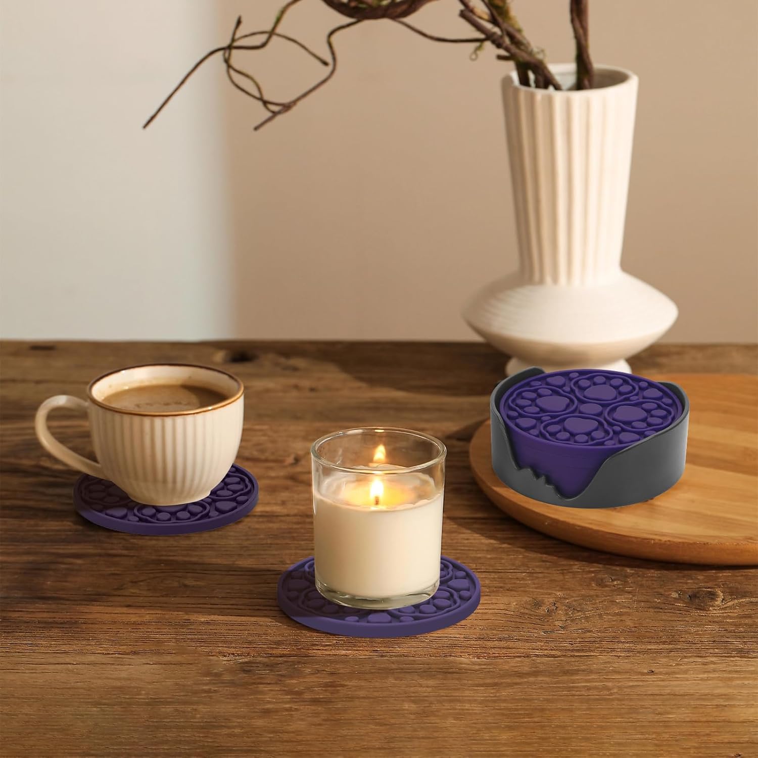 6 Pack Purple Silicone Coffee Coasters with Holder, 4 Inches Non-Slip Decorative Round Coaster for Tabletop, Desk Dishwasher Safe Cup Mat for Bar, Drinks, Beer - Image 4