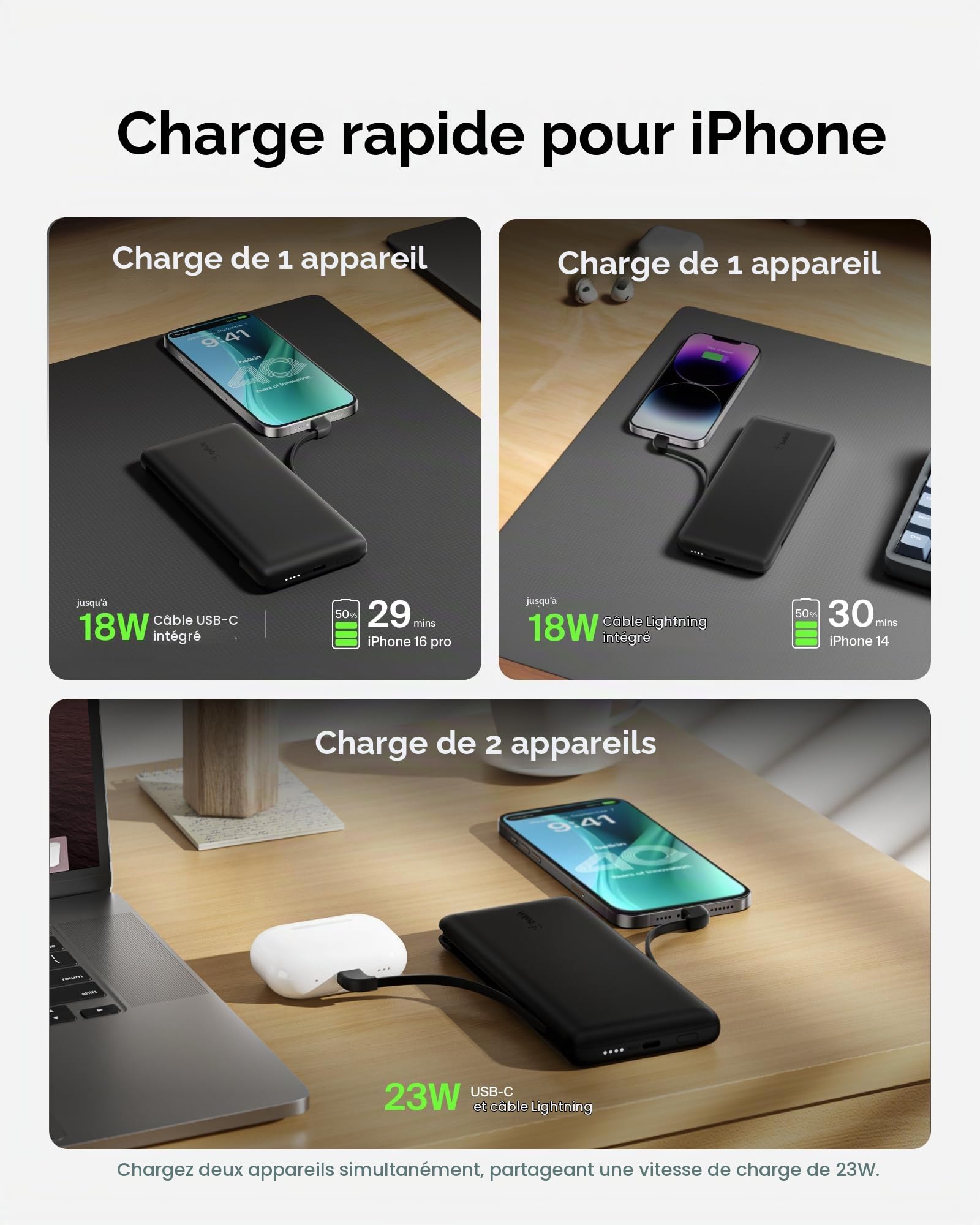 Belkin Batterie externe BOOSTCHARGE Plus 10K (10,000 mAh avec câbles Lightning et USB-C MFI intégrés, port de recharge USB-C, noir)