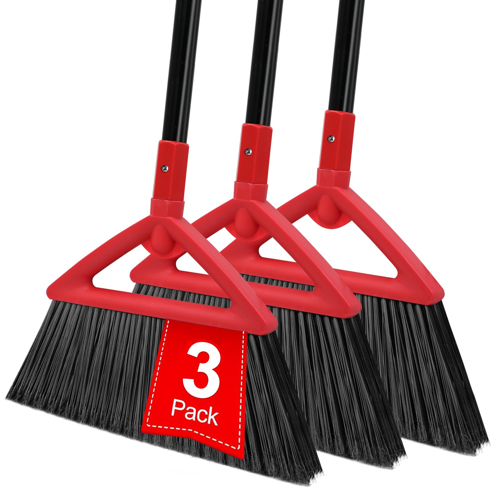 Heavy Duty Red Angle Broom with Long Handle - 3 Pack