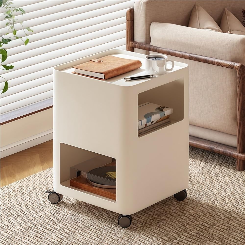 SXZenSpace Bedroom Furniture Nightstand with Wheels, 3-Tier Metal Side Table, Rolling Bedside Table/Coffee Table for Bedroom, Living Room, or Sofa Side(White,Small)