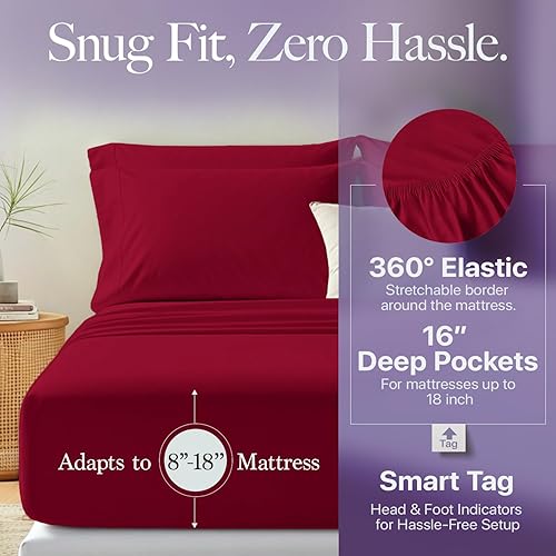 Miniatura 5 de Carressa Linen Juego de sábanas de algodón egipcio suave de fibra larga de 600 hilos, juego de 4 piezas, sábanas tamaño King, hasta 17 pulgadas de