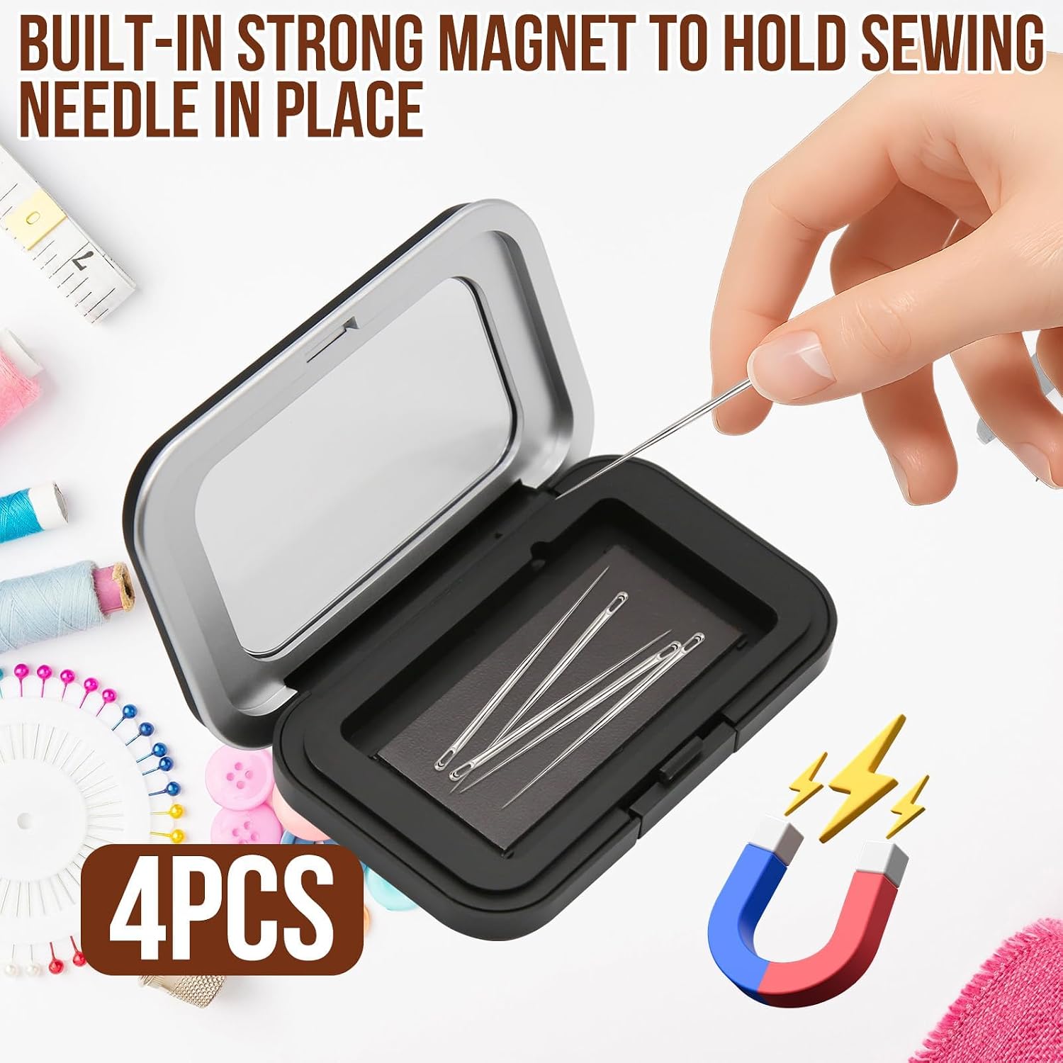 4Pcs Magnetic Pin Holder Box with Transparent Acrylic Lid, Strong Built-in Magnet Secures Pins Under 6.5cm, Sewing Needle Organizer Box with Snap Closure, Craft Supplies Storage Gift for Sewers