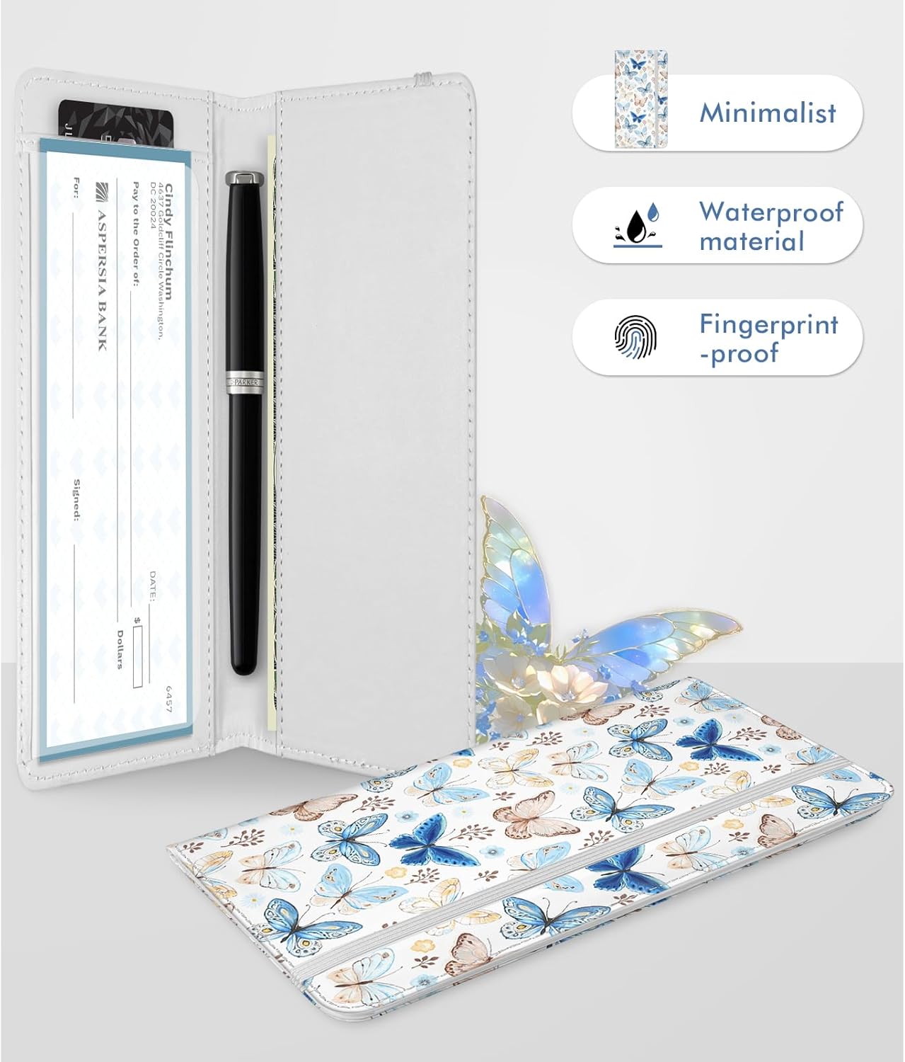 Printed Checkbook Cover, Slim Durable, RFID Blocking Premium Leather Checkbook, Duplicate Checks for Women Men (Butterfly)