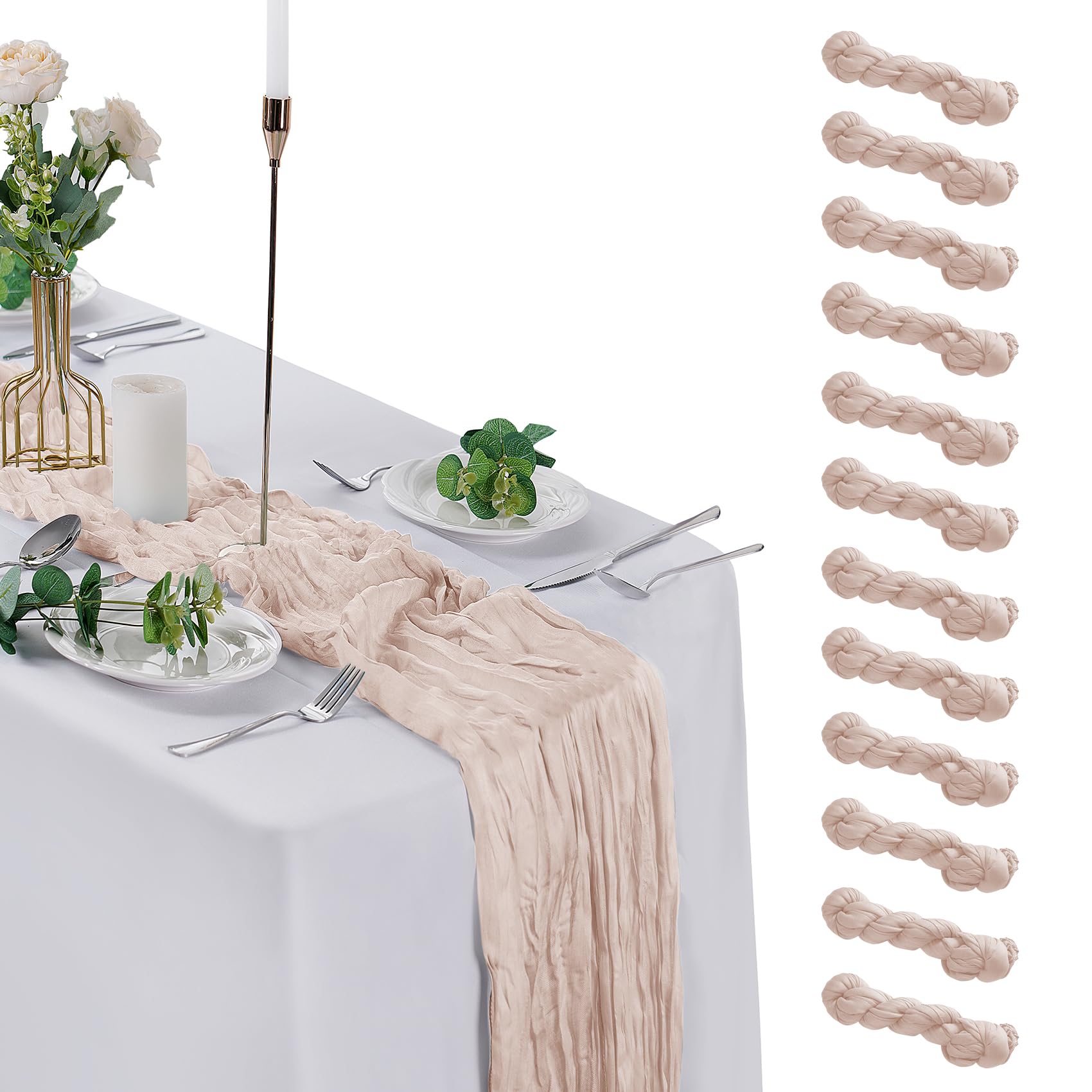 Paquete de 12 caminos de mesa de gasa marfil de 9 pies, 17 x 108 pulgadas, camino de mesa de gasa rústico, romántico, camino de boda para boda, despedida de soltera, decoración de otoño