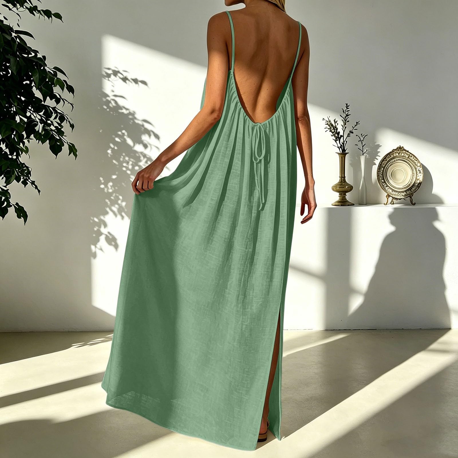 Abito da donna con schiena scoperta, in lino, con spalline sottili, senza maniche, estivo, elegante, casual, a tunica, tinta unita, leggero, maxi abito lungo