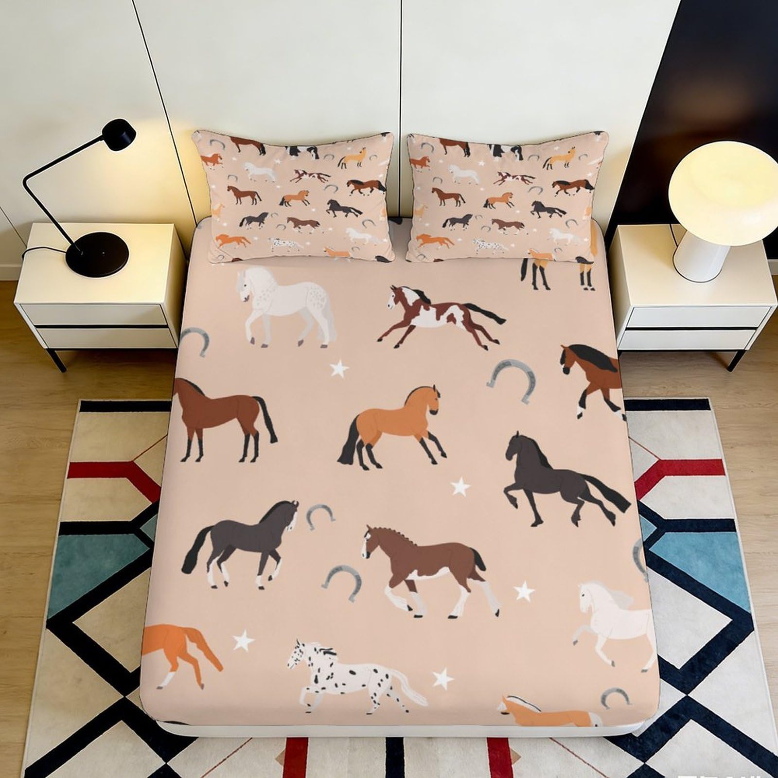 3D Printed Horse Motif Fitted Sheet Microfiber Non-Slip Deep Pocket Equestrian Mattress Fitted Cover Washable Bedroom Home 90x200x25cm