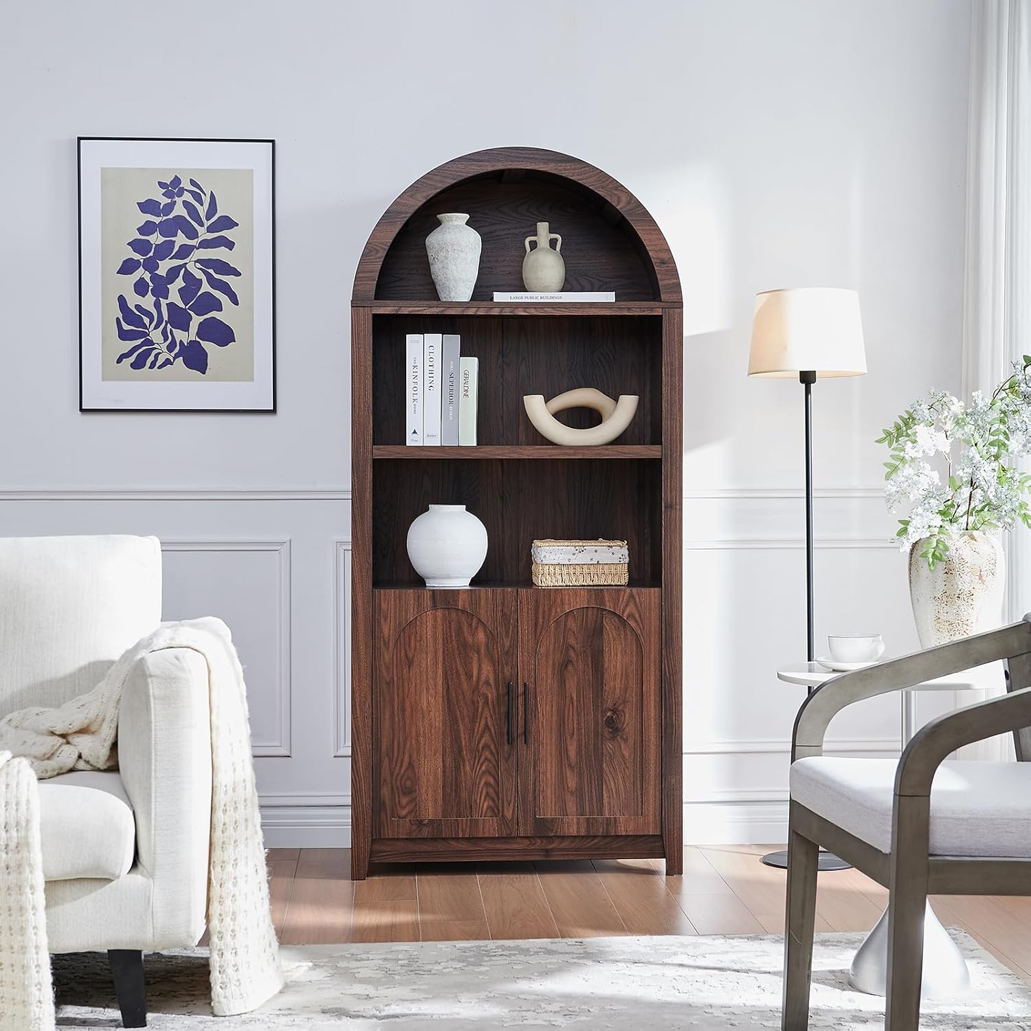 RowyPoey Rattan Arched Cabinet Bookshelf - 69.3” Tall Mid Century Display Cabinet, Rounded Bookcase with Rattan Doors, Open Shelf Storage for Dining Room (Walnut, 1 PC)