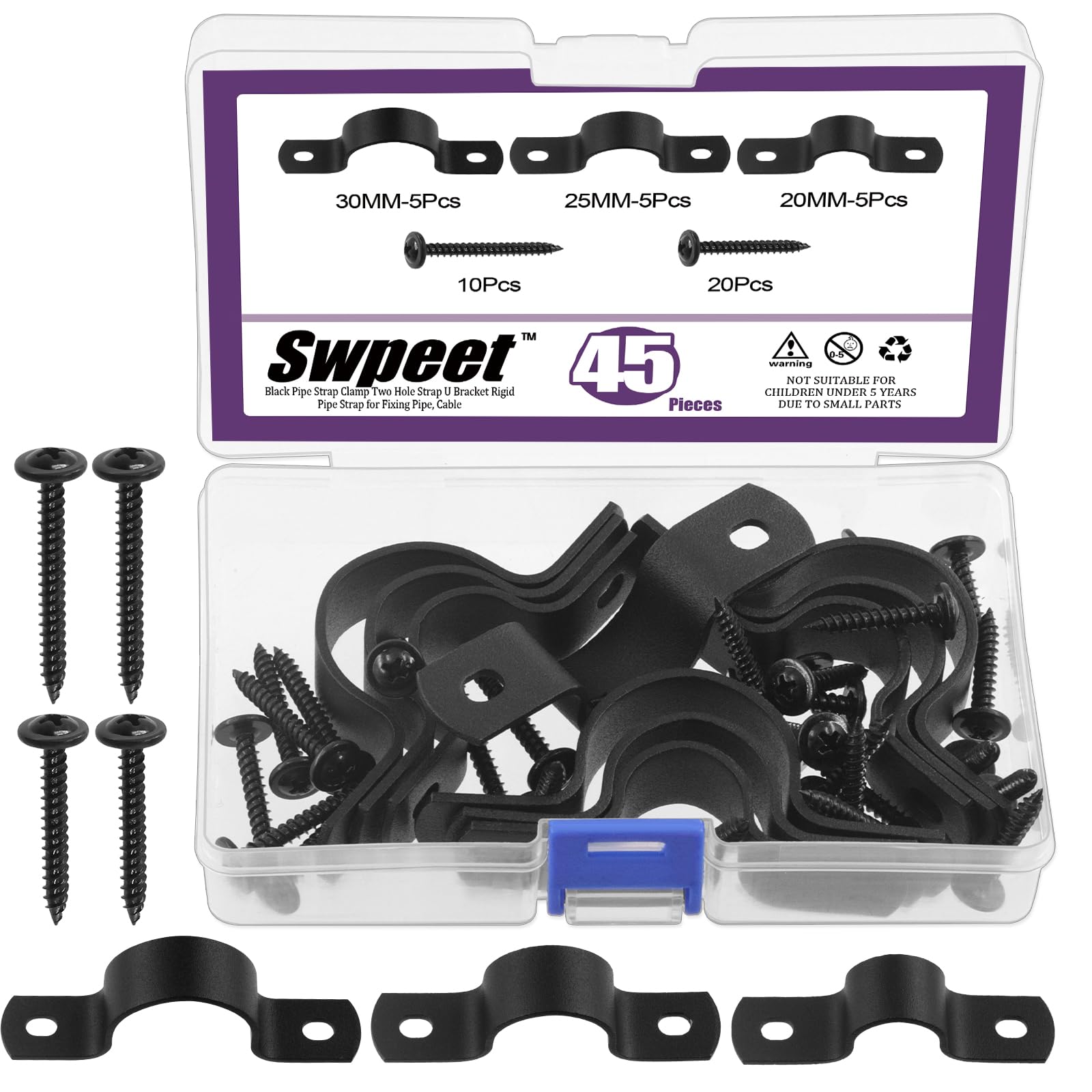 Swpeet 45Pcs 3 Sizes 15mm 20mm 25mm Two Hole U Bracket Clamp with Screws Assortment Kit, U-Clamps, Metal Pipe Clamps